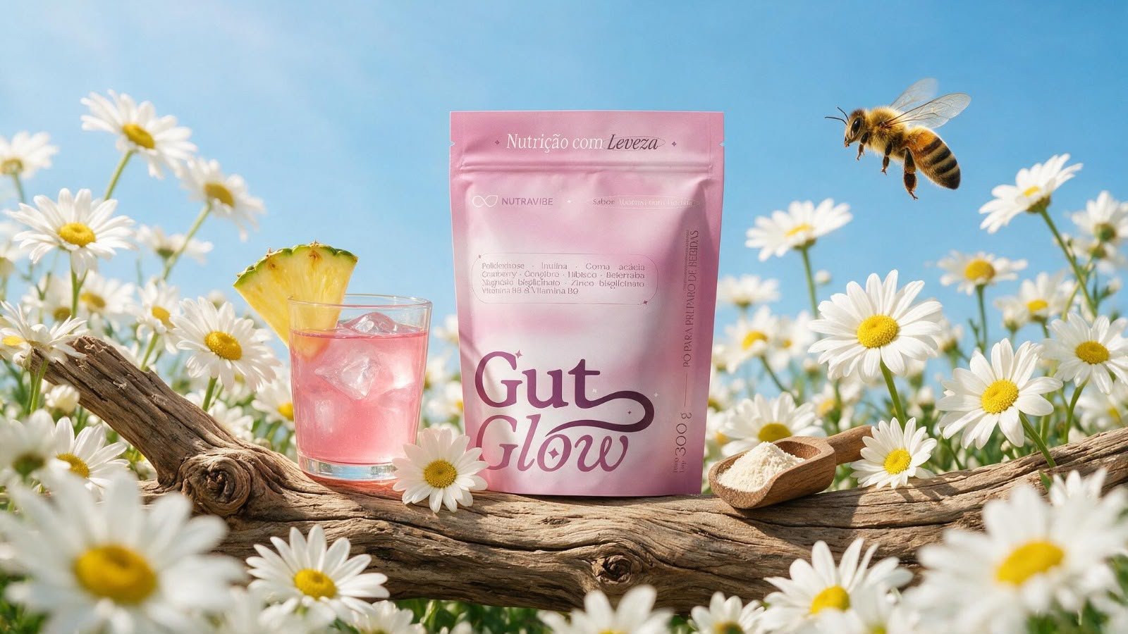 Pouch Gut Glow entre margaridas, com drink de abacaxi e uma abelha ao fundo