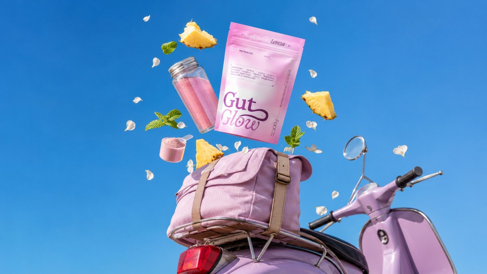Pouch Gut Glow em cena vibrante ao ar livre, com abacaxi, hortelã e uma scooter rosa